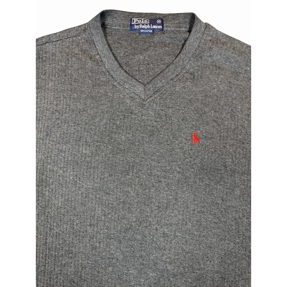 Polo Ralph Lauren Vintage Ribbed Knit V Neck T Shirt Gray Red Pony Mens Medium